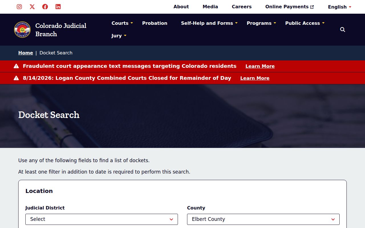 Elbert County court calendar hearing search filters