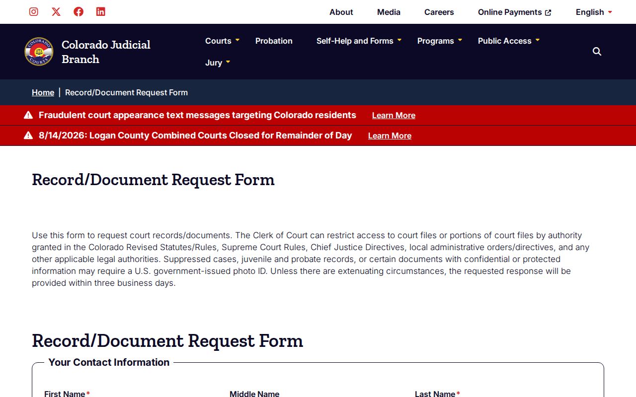 Elbert County court records document request form